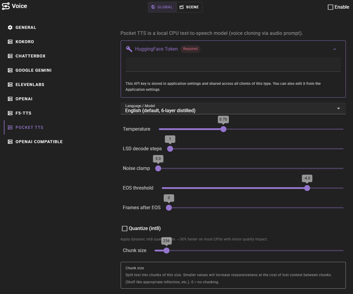 Pocket TTS API settings