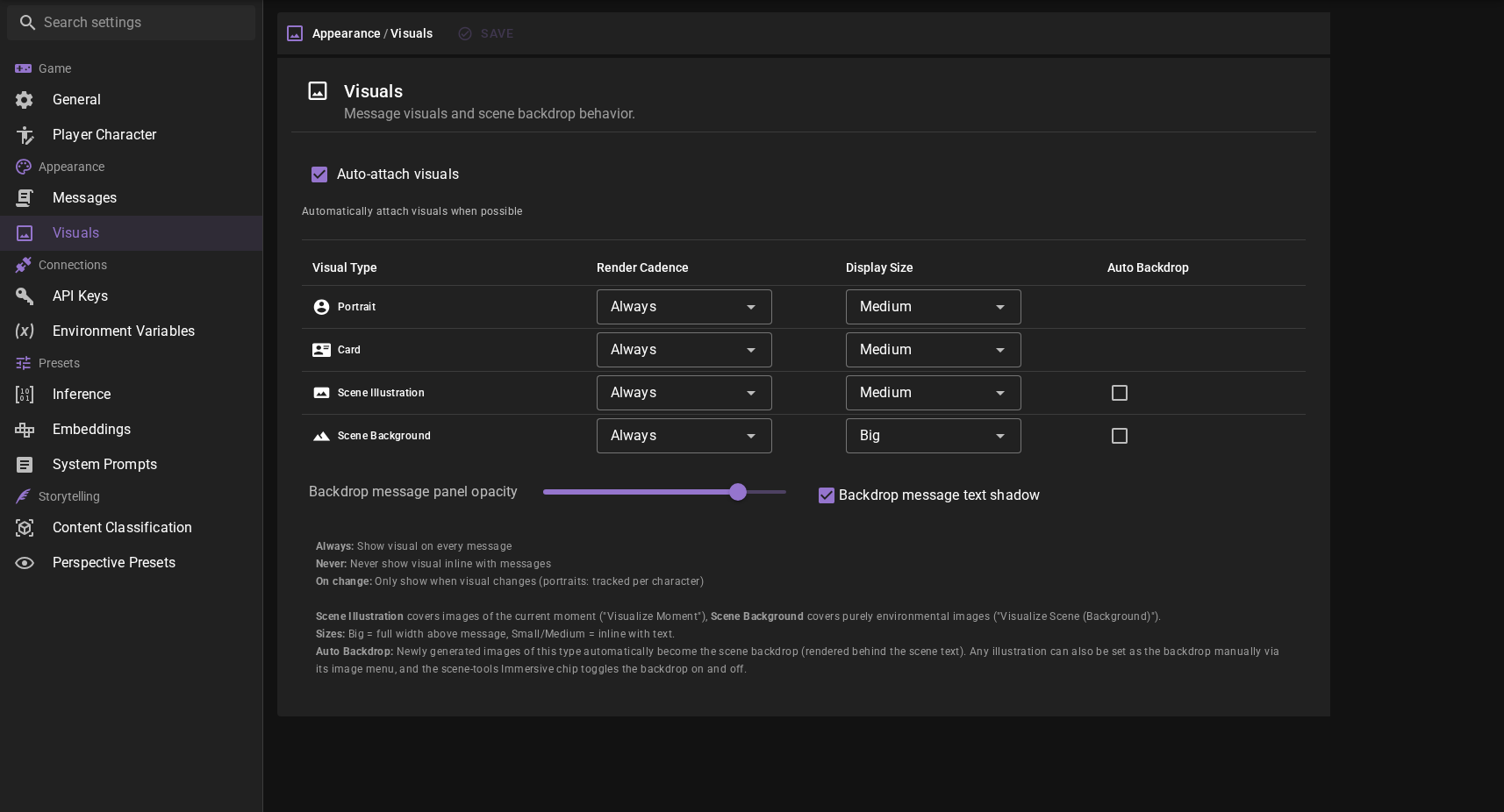 Appearance settings - Visuals tab