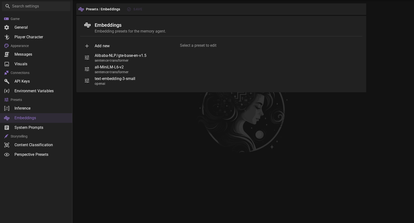 App settings - Presets - Embeddings