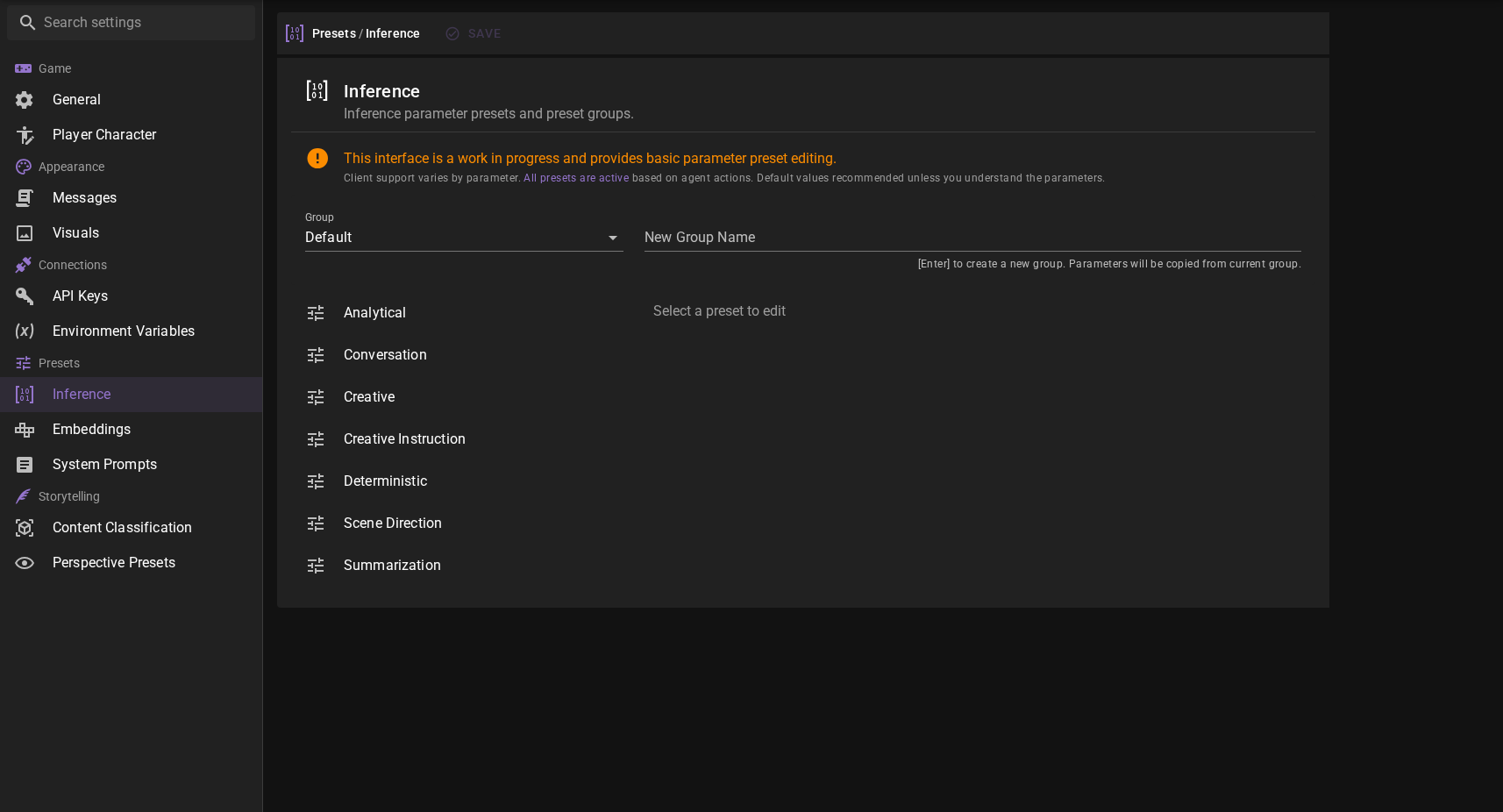 App settings - Presets - Inference