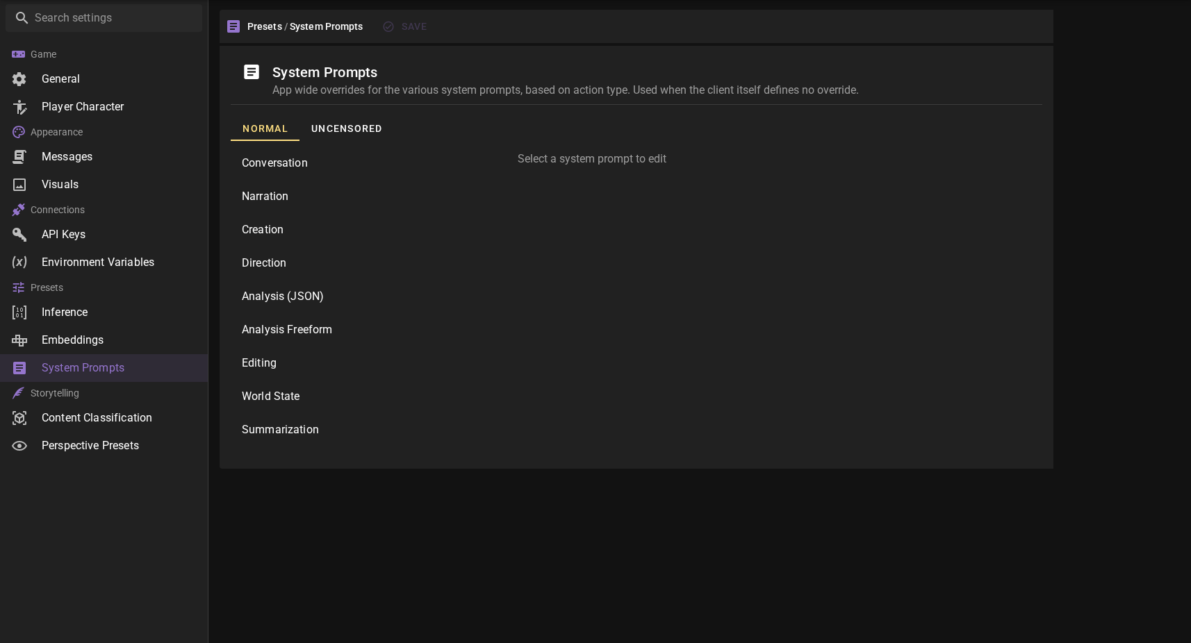 App settings - Presets - System Prompts