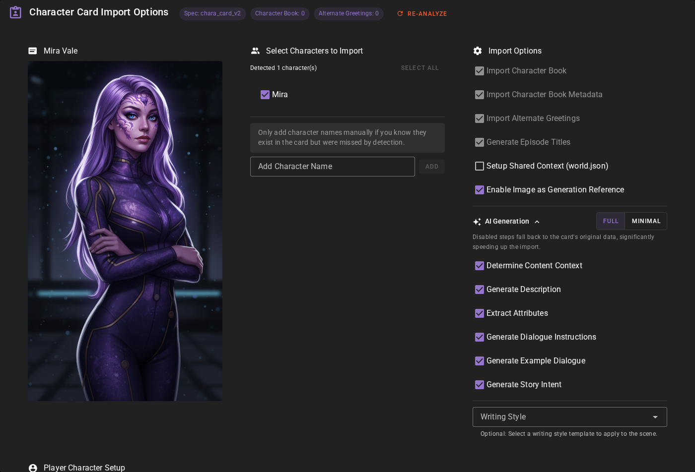 Character Selection and Import Options