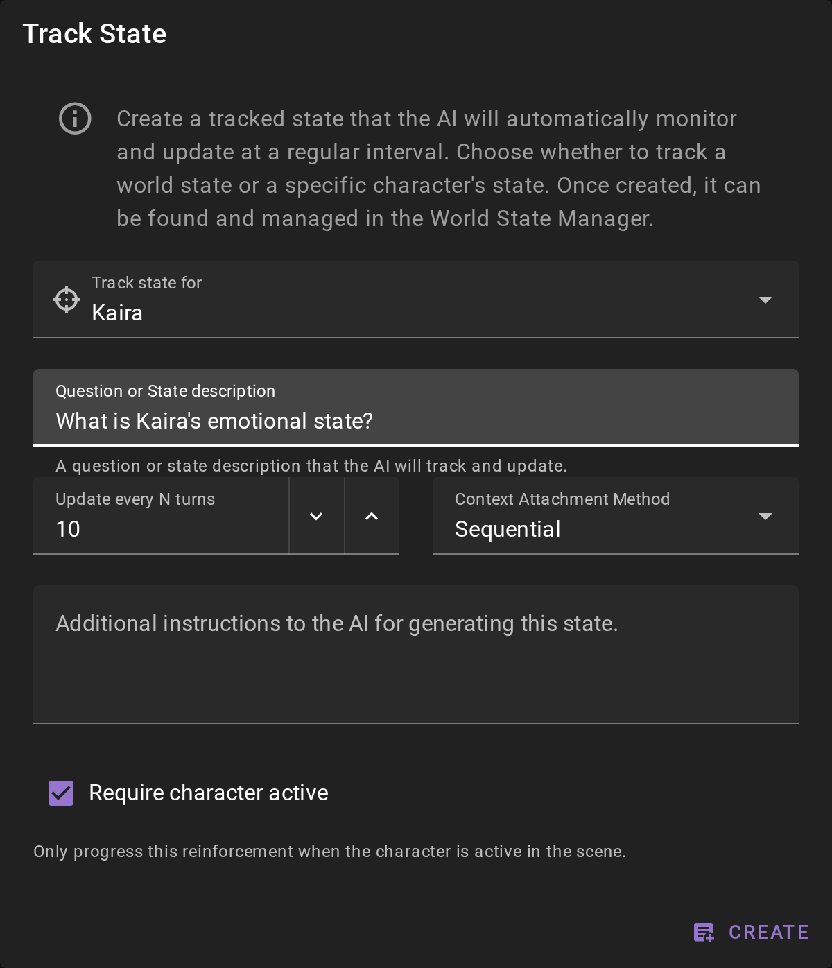 Track State dialog for a character
