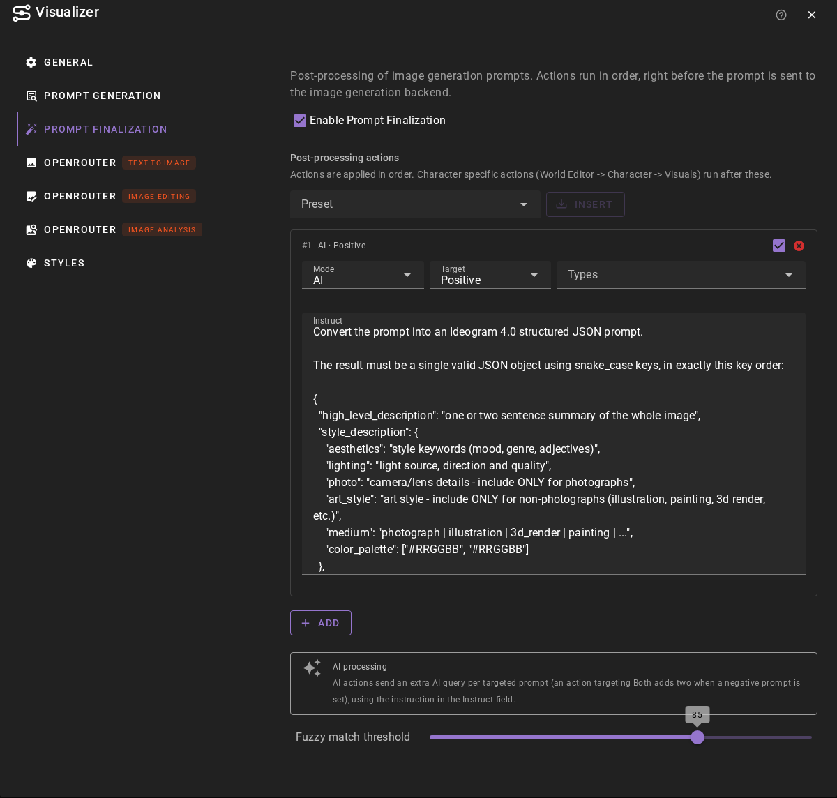 Visualizer prompt finalization settings