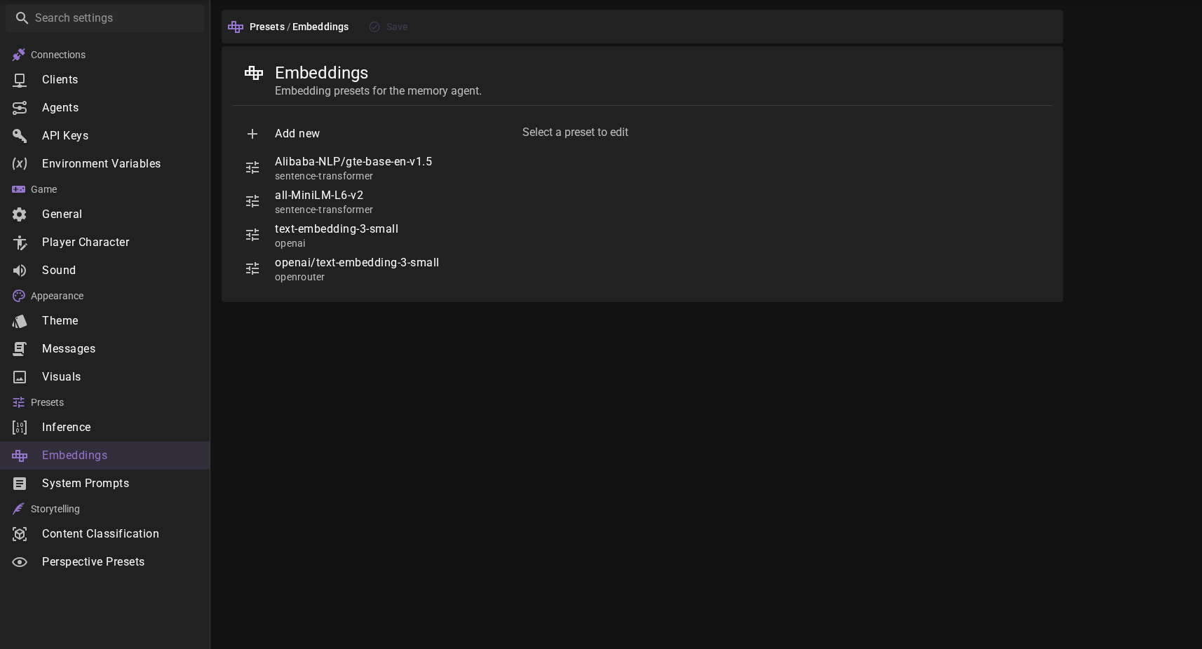 App settings - Presets - Embeddings