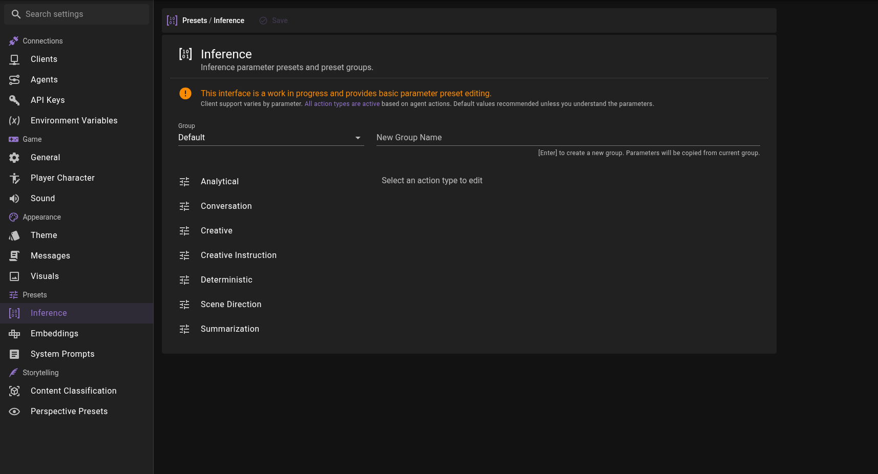 App settings - Presets - Inference