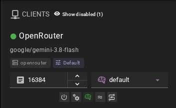 Client card with the context token budget and the effort dropdown of an OpenRouter client