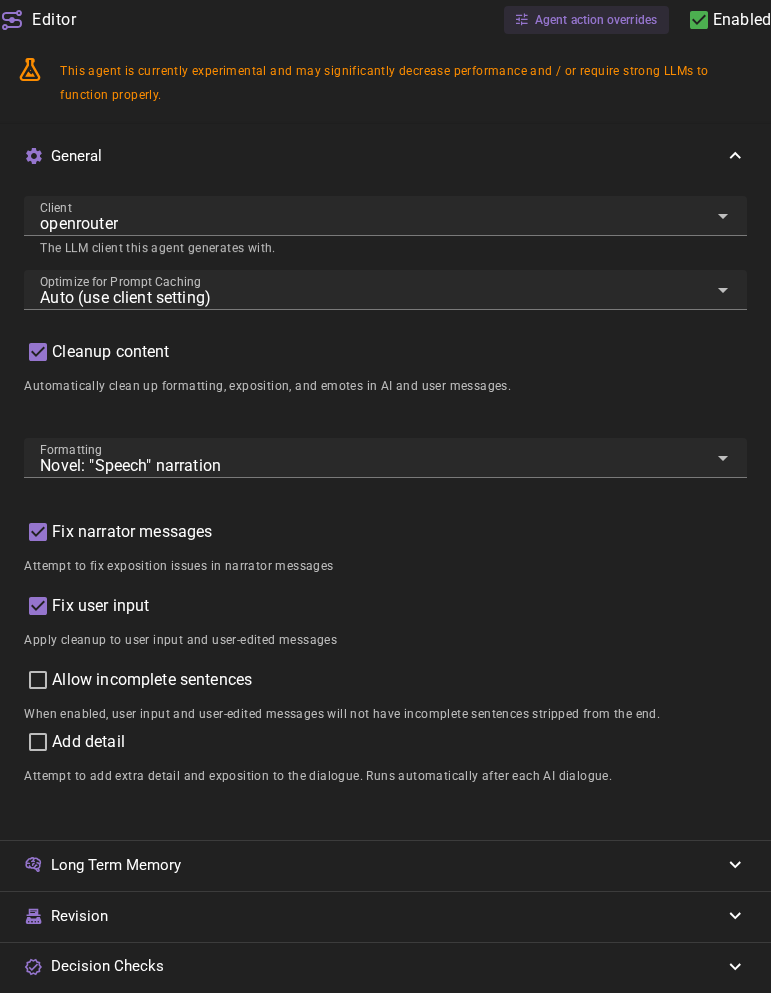 Editor agent settings