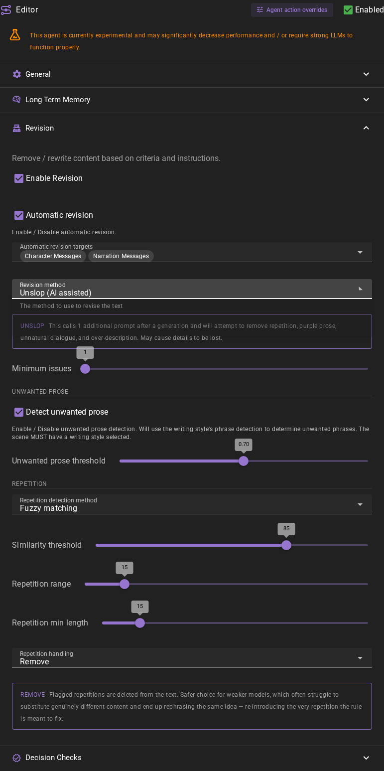 Editor agent revision settings - Unslop