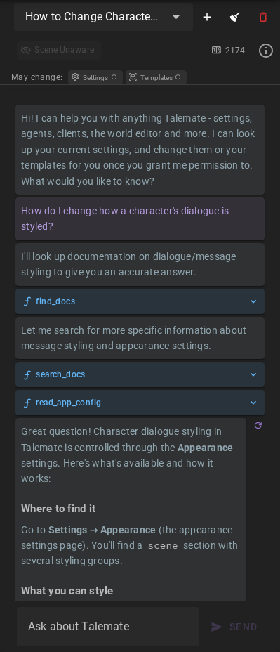 Help chat answering a question about dialogue styling
