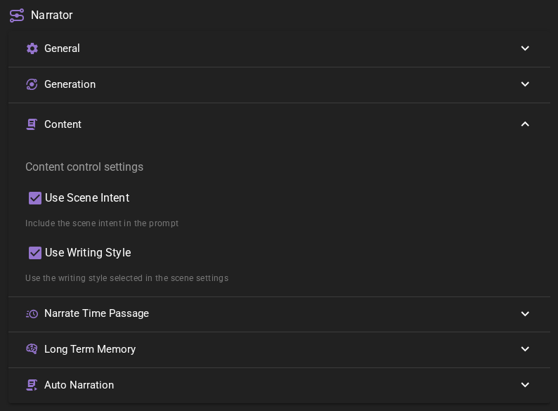 Narrator agent content settings