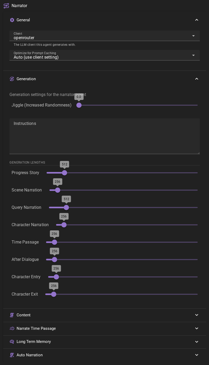 Narrator agent settings