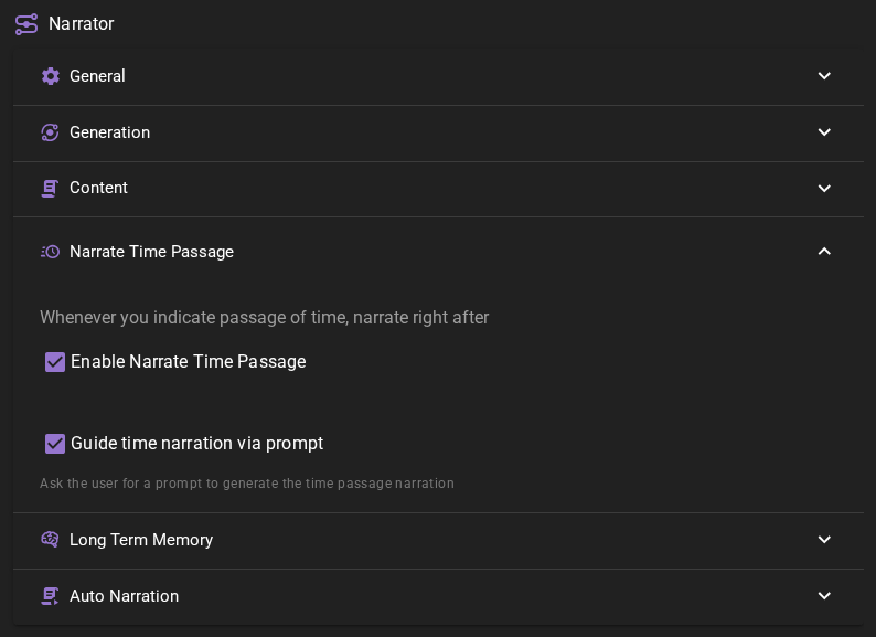 Narrator agent time passage settings