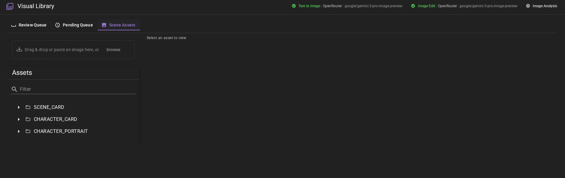 A dark-mode screenshot of the "Visual Library" interface with the "Scene Assets" tab selected. The sidebar features an upload area reading "Drag & drop or paste an image here, or browse" and a file tree of asset folders, while the main viewing pane is empty with the text "Select an asset to view."