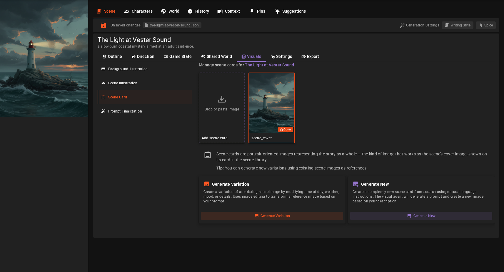 Scene editor Visuals tab, Scene Card sub-tab