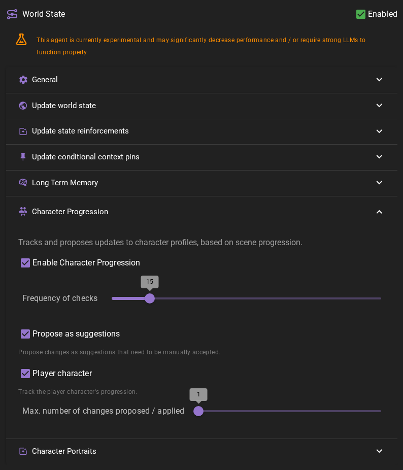World state agent character progression settings