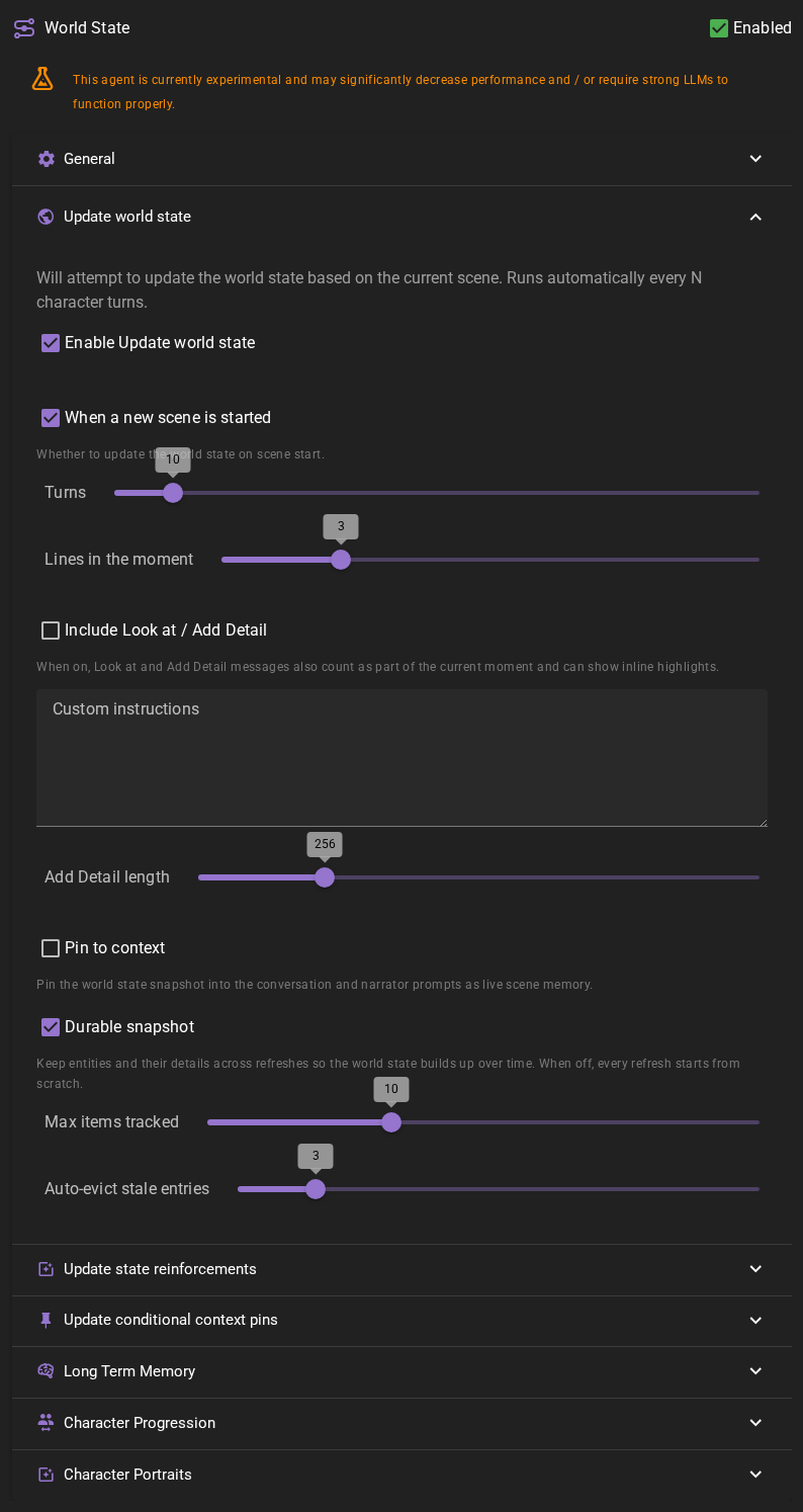World state agent update world state settings